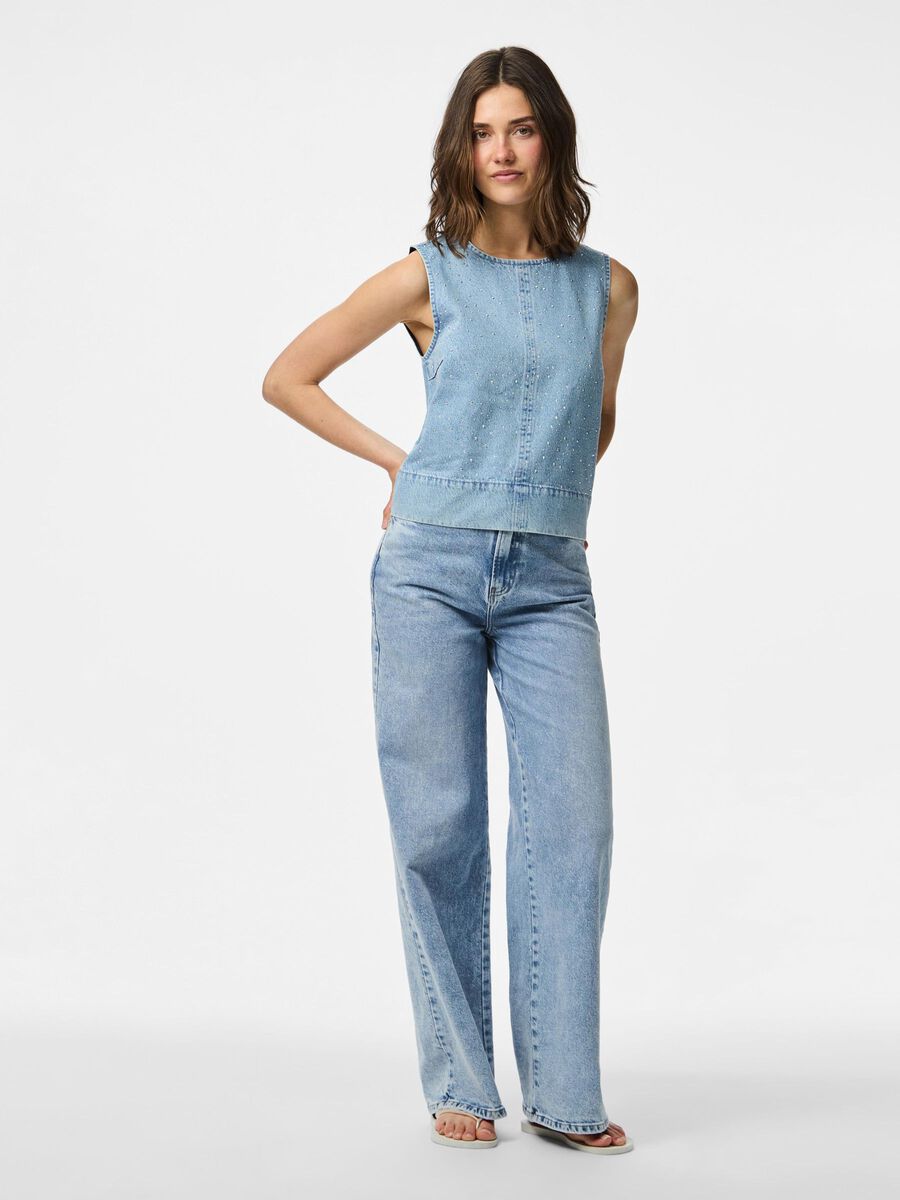 Product carousel image - PCNOEL RHINESTONE DENIM TOP, Light Blue Denim | 2
