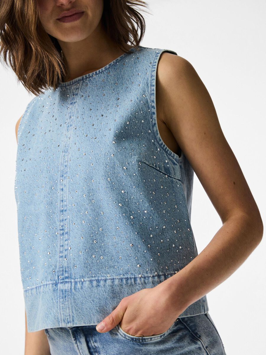 Product carousel image - PCNOEL RHINESTONE DENIM TOP, Light Blue Denim | 1