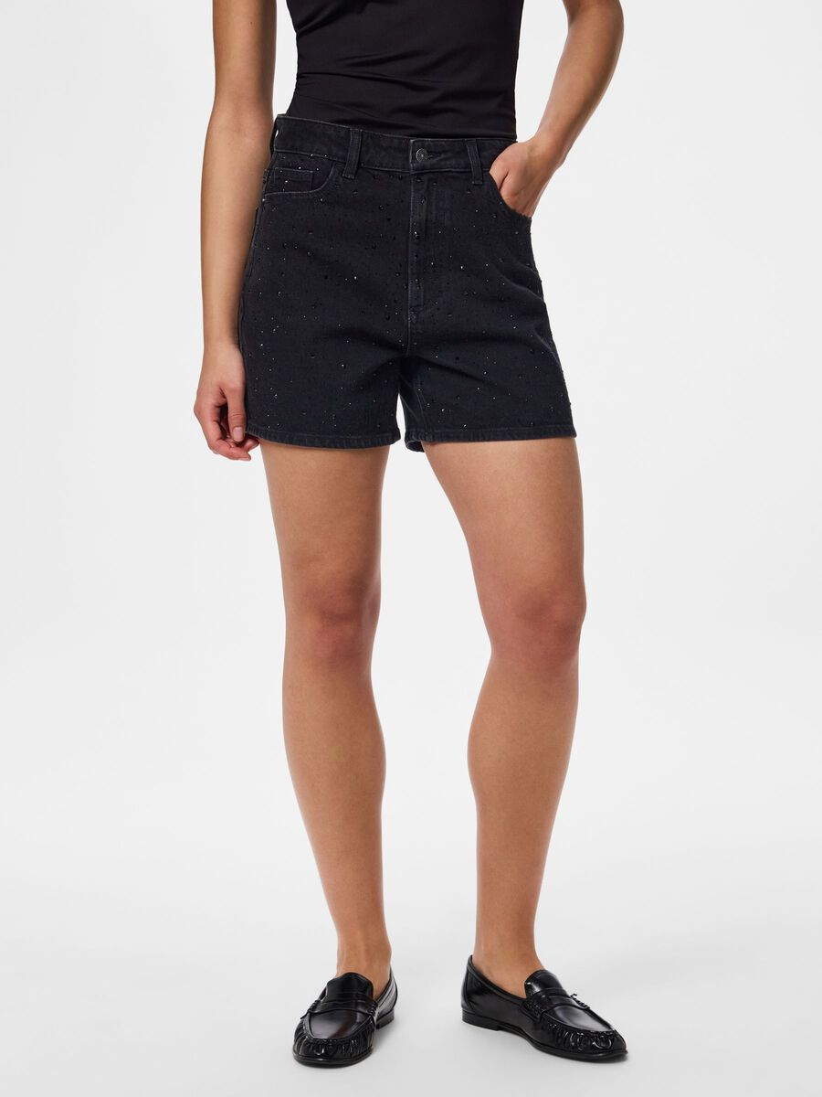 Product carousel image - PCGABI HW RHINESTONE  DENIM SHORTS, Black Denim | 1