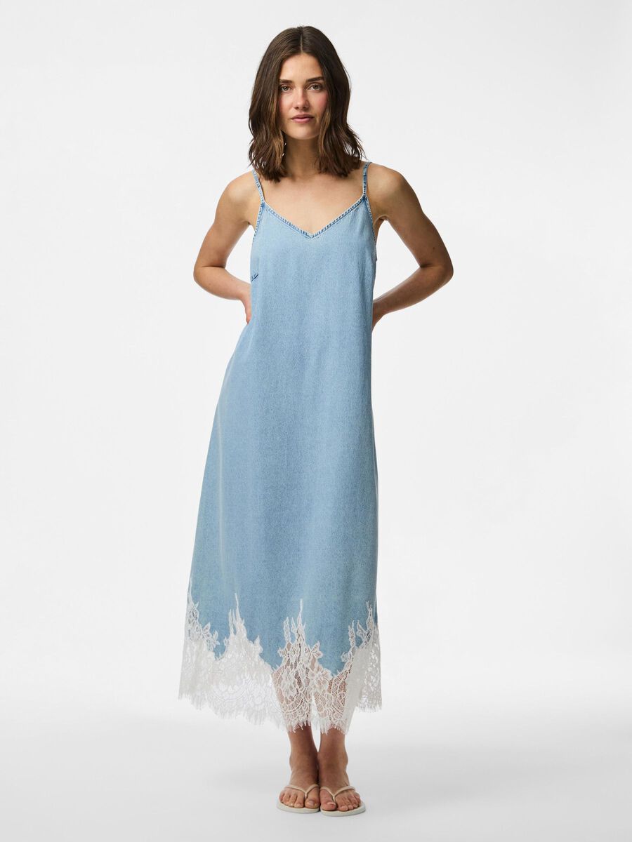 Carousel image - PCFENI - DENIM ORNÉ DE DENTELLE ROBE MI-LONGUE, Light Blue Denim | 1