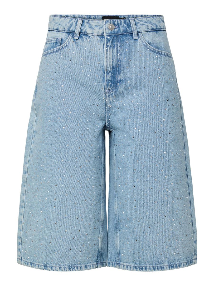 Product carousel image - PCNOEL MW LONG RHINESTONE DENIM SHORTS, Light Blue Denim | 1